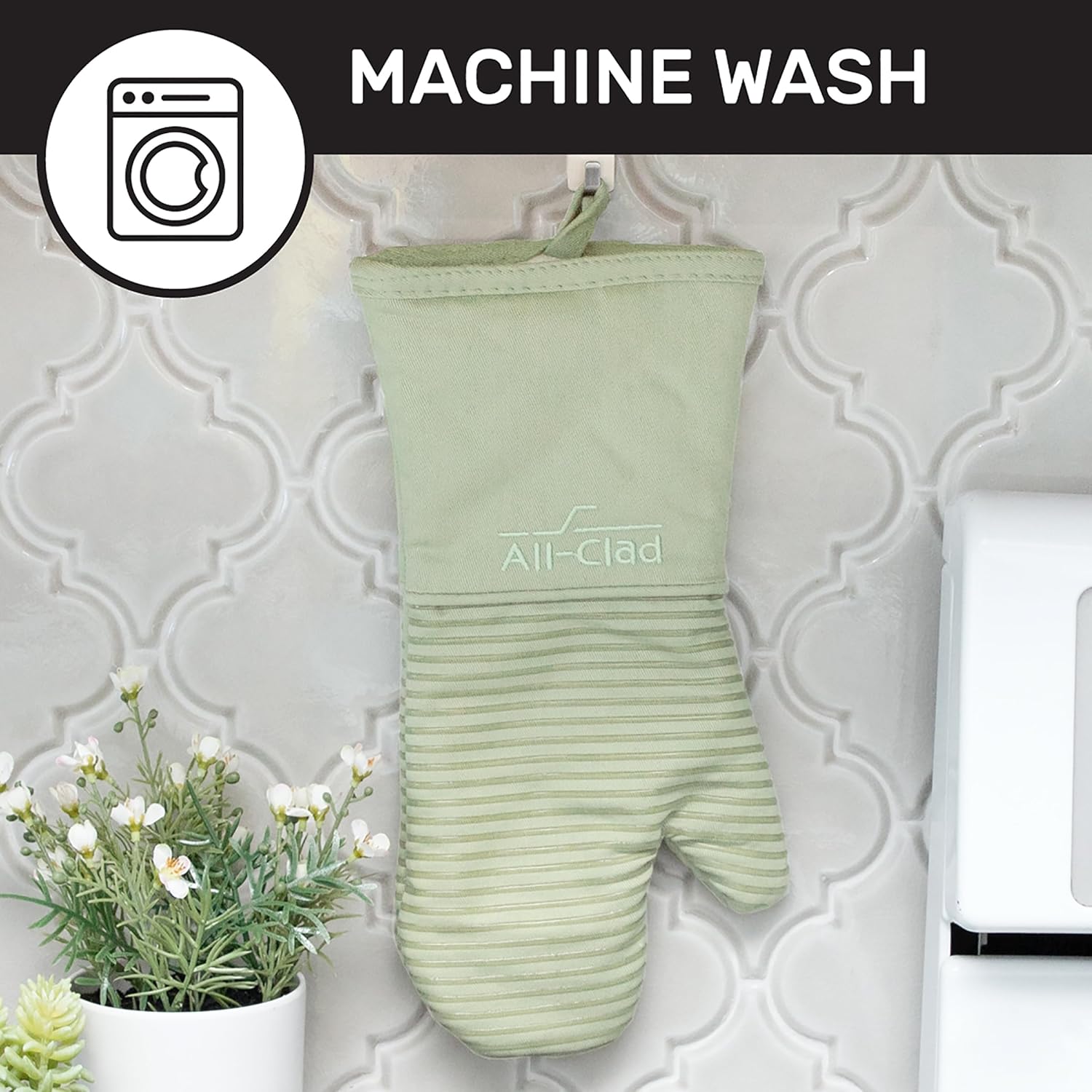 All-Clad Silicone Oven Mitts: Heat Resistant up to 500 Degrees - 100% Cotton & Silicone, 14"x7" Oven Mitt for Kitchen and Barbeque, 2-Pack, Fennel