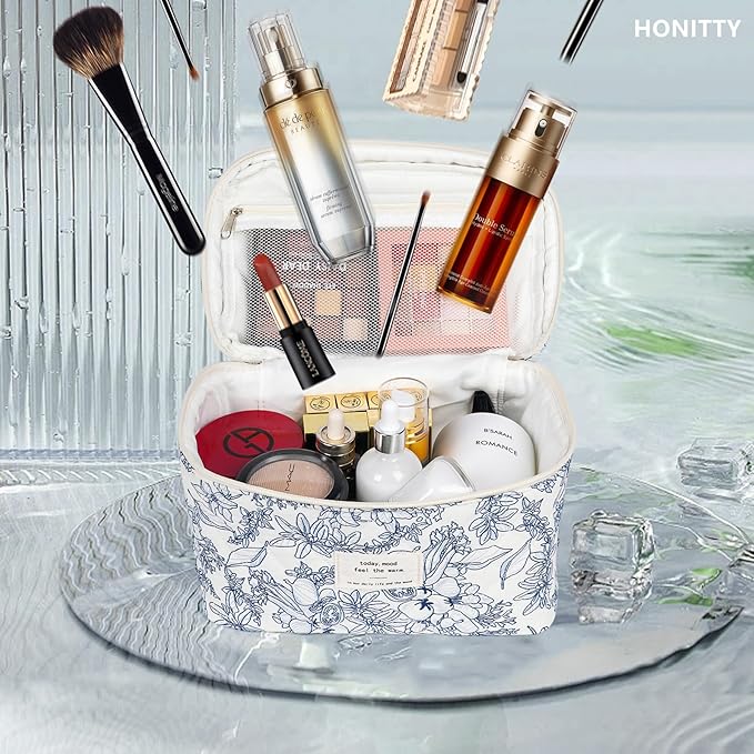 Makeup Bag,Quilted Cosmetic Bags,Large Floral Make Up Bags for Women, Makeup Organize,Flower Travel Toiletry Bag