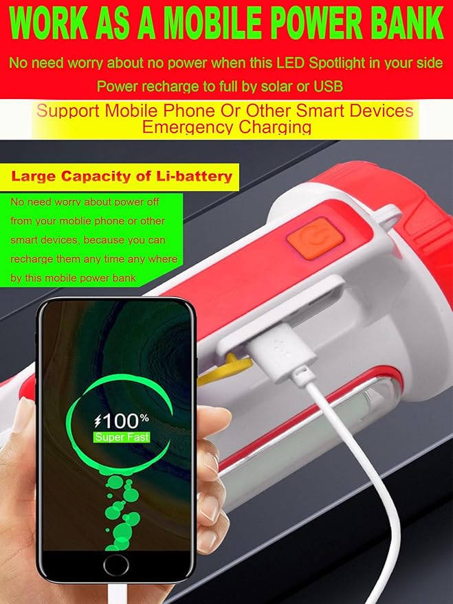 LED Searchlight, Solar Rechargeable Super Bright 10000LM Handheld Spotlight Lantern, Multifunctional LED Lamp Camping Flashlight, 5 Light Modes, Power Bank, IPX4 Waterproof, for Emergency