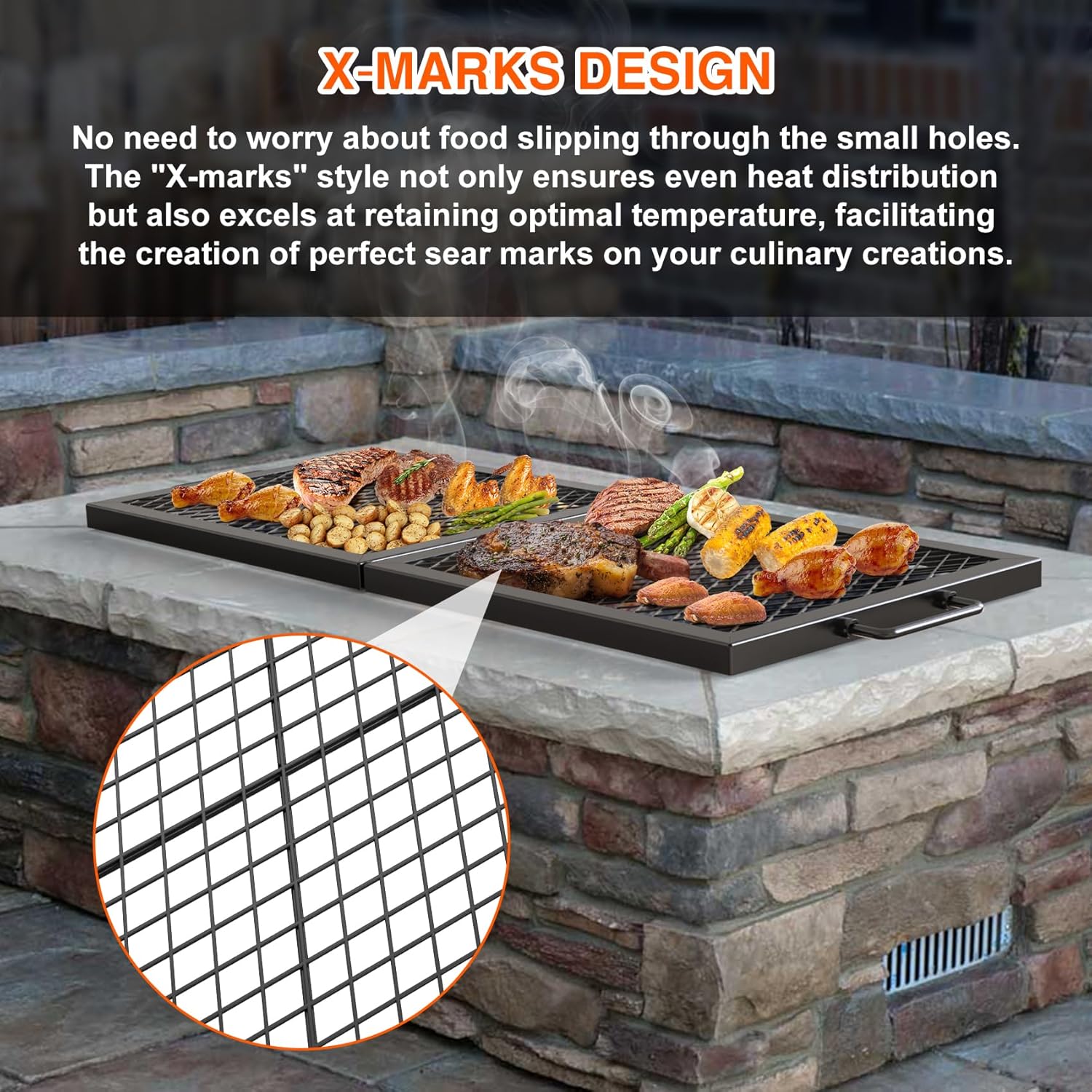 Onlyfire Foldable X-Marks Fire Pit Cooking Grate, Portable Rectangle Campfire Grill Grate with Handles, Heavy Duty Steel Campfire BBQ Grill for Outdoor, 36 inch