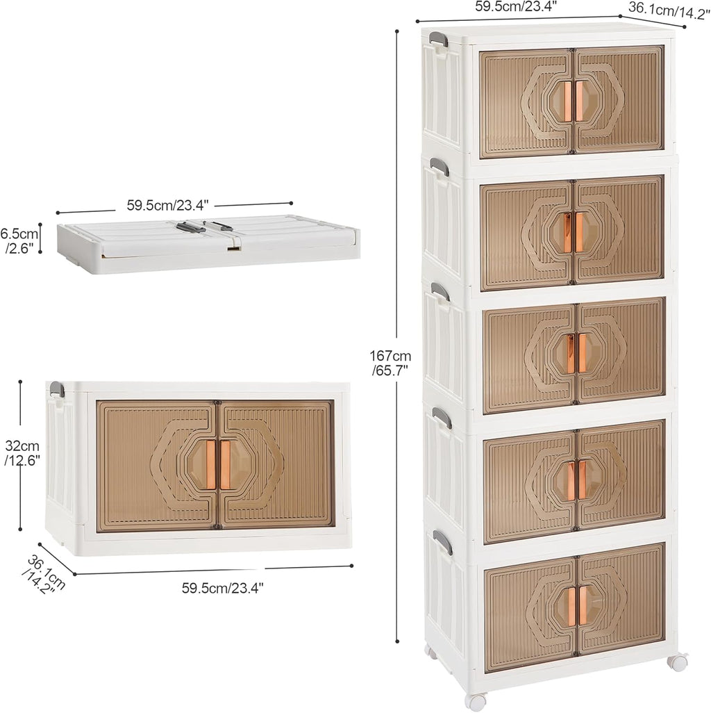 VECELO 19 Gal Stackable Storage Bins with Lid, 5 Pack Plastic Collapsible Storage Cabinet, Foldable Folding Box Organizer/Storage Container Cart with Wheel and Double Door for Home Office, White