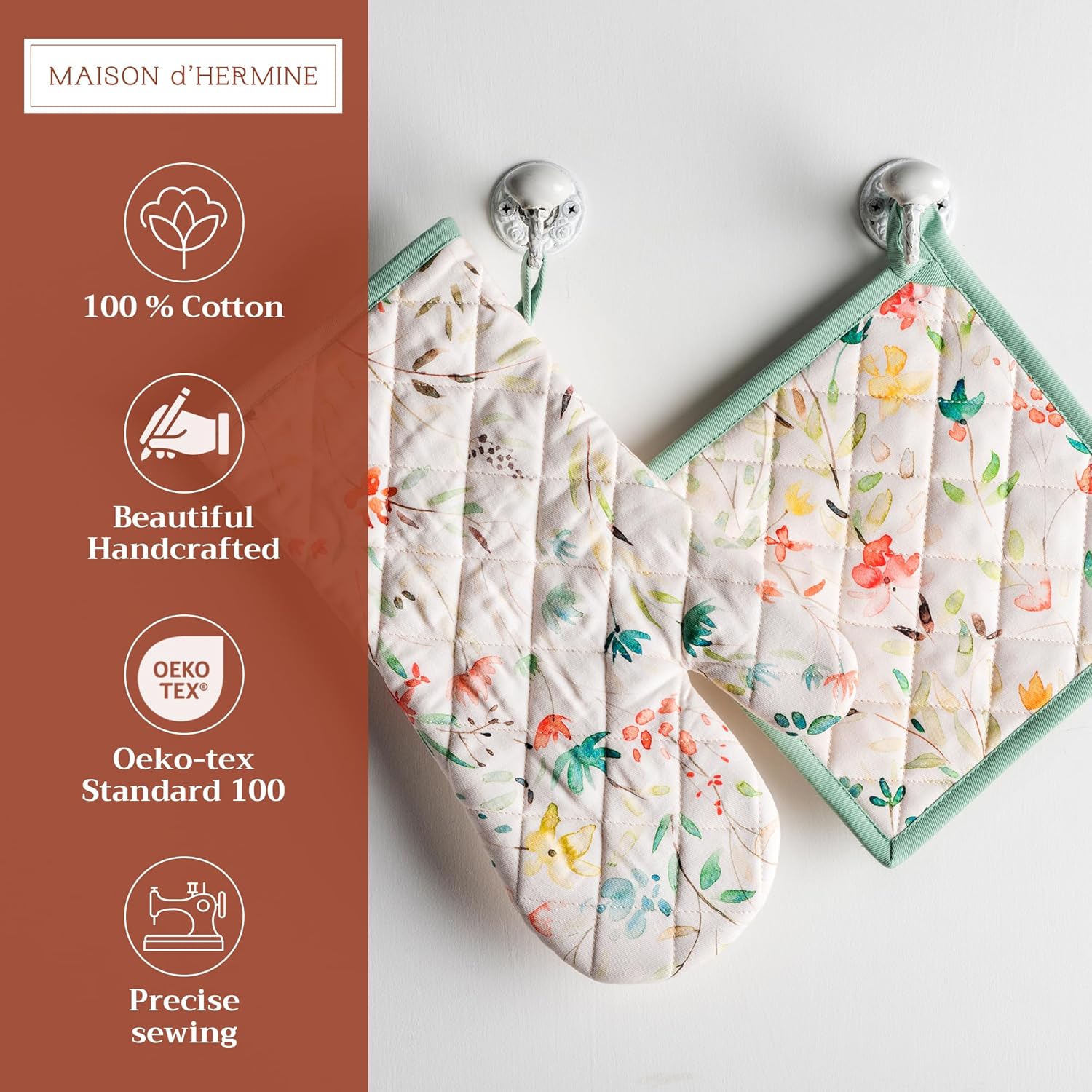 Maison d' Hermine 100% Cotton Oven Mitt & Pot Holder Set (7.5"x13" & 8"x8") Heat Resistant BBQ Cooking Gloves with Loop, Baking, Grilling, Kitchen, Handling Hot Pans Spring/Summer (Colmar)