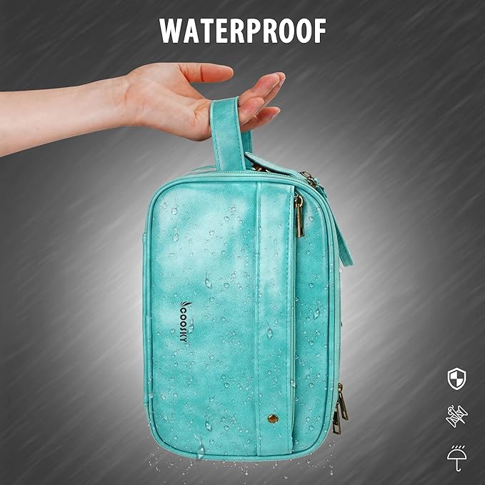 Travel Toiletry Bag for Men, Large Hanging Toiletries Organizer Bags for Women, Cruise Ship Essentials, Water-resistant Shaving Case, PU Leather Makeup Accessories, Cosmetic Dopp Kit, Lake Blue