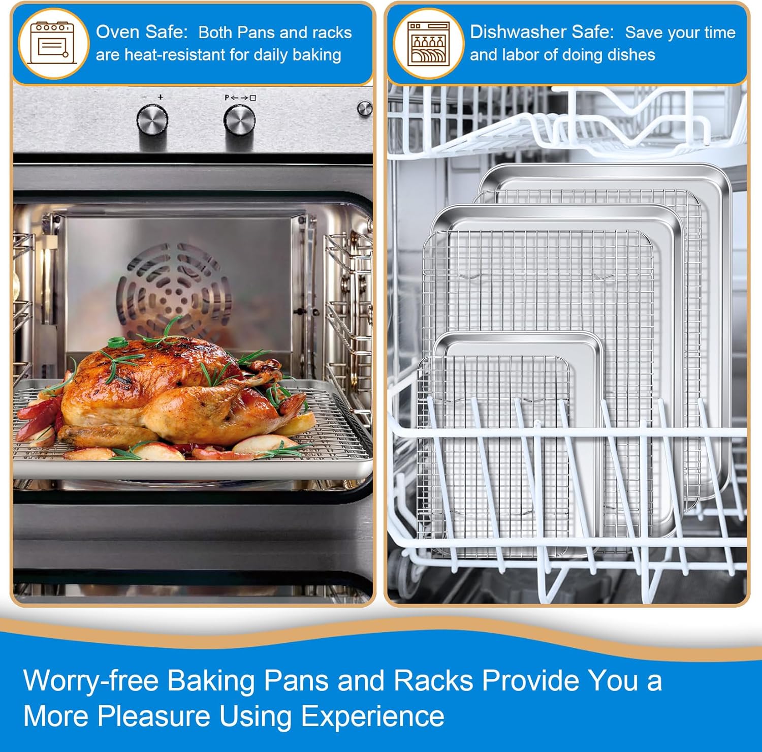 P&P CHEF 17.5 + 16 + 10.4 Inch Baking Sheet and Rack Set, Stainless Steel Cookie Sheets Oven Baking Pans Trays with Cooling Racks for Cooking & Roasting, Oven & Dishwasher Safe, (6Pcs)