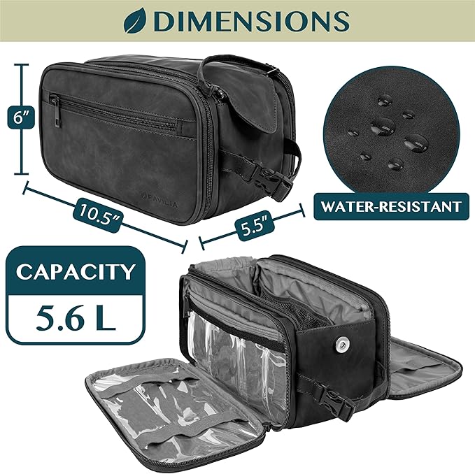 PAVILIA Toiletry Bag for Men Women, Mens Travel Bag Toiletries Organizer Case for Grooming, Travel Essentials Shaving Dopp Kit, PU Leather Water Resistant Cosmetic Pouch, Black