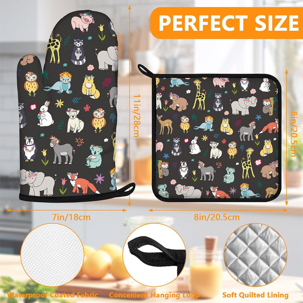 Cute Animals Oven Mitts and Pot Holders Sets 4Pcs,Extra Long Oven Gloves Potholder for Kitchen Cooking Baking BBQ 100% Cotton Heat Resistant