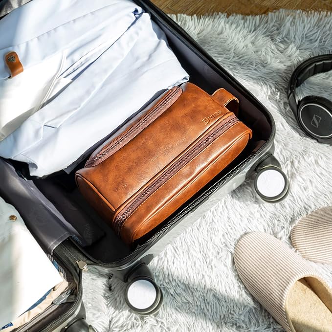 Elviros Toiletry Bag for Mens PU Leather Travel Organizer Kit with Hanging hook, Large Water-resistant Toiletries Bathroom Shaving Bags (Dark Brown)