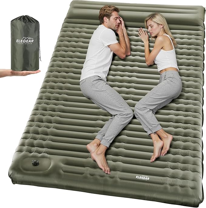 Elegear Double Sleeping Pad for Camping, 4" Ultra-Thick Self Inflating Camping Pad 2 Person with Pillow Built-in Foot Pump, Portable Camping Sleeping Mat for Backpacking, Hiking, Tent(Army Green Full)