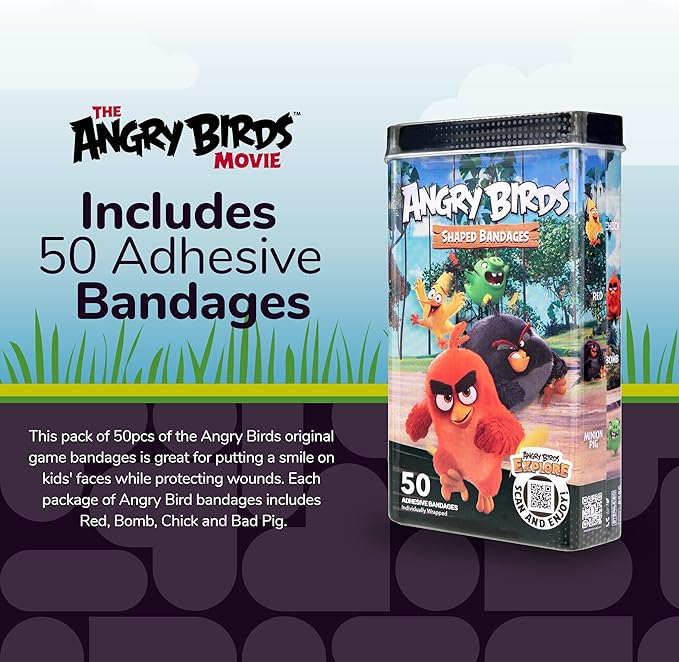 BioSwiss Bandages, Angry Birds Movie Shaped Self Adhesive Bandage, Latex Free Sterile Wound Care, Fun First Aid Kit Supplies for Kids and Adults, 50 Count