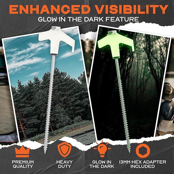 15-Pack 8" Heavy Duty Screw in Tent Stakes, Drill-In Ground Anchor Pegs, Includes Hex Head Driver & Storage Bag