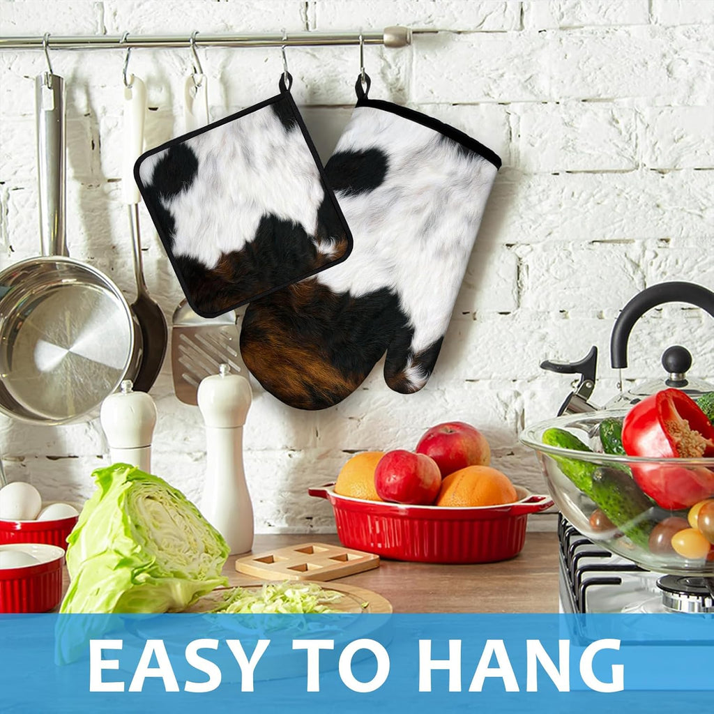 Brown Cowhide Oven Mitts and Pot Holders Sets Heat Resistant 4Pcs Potholders Oven Gloves Hot Pads for Kitchen Baking Cooking Grilling BBQ