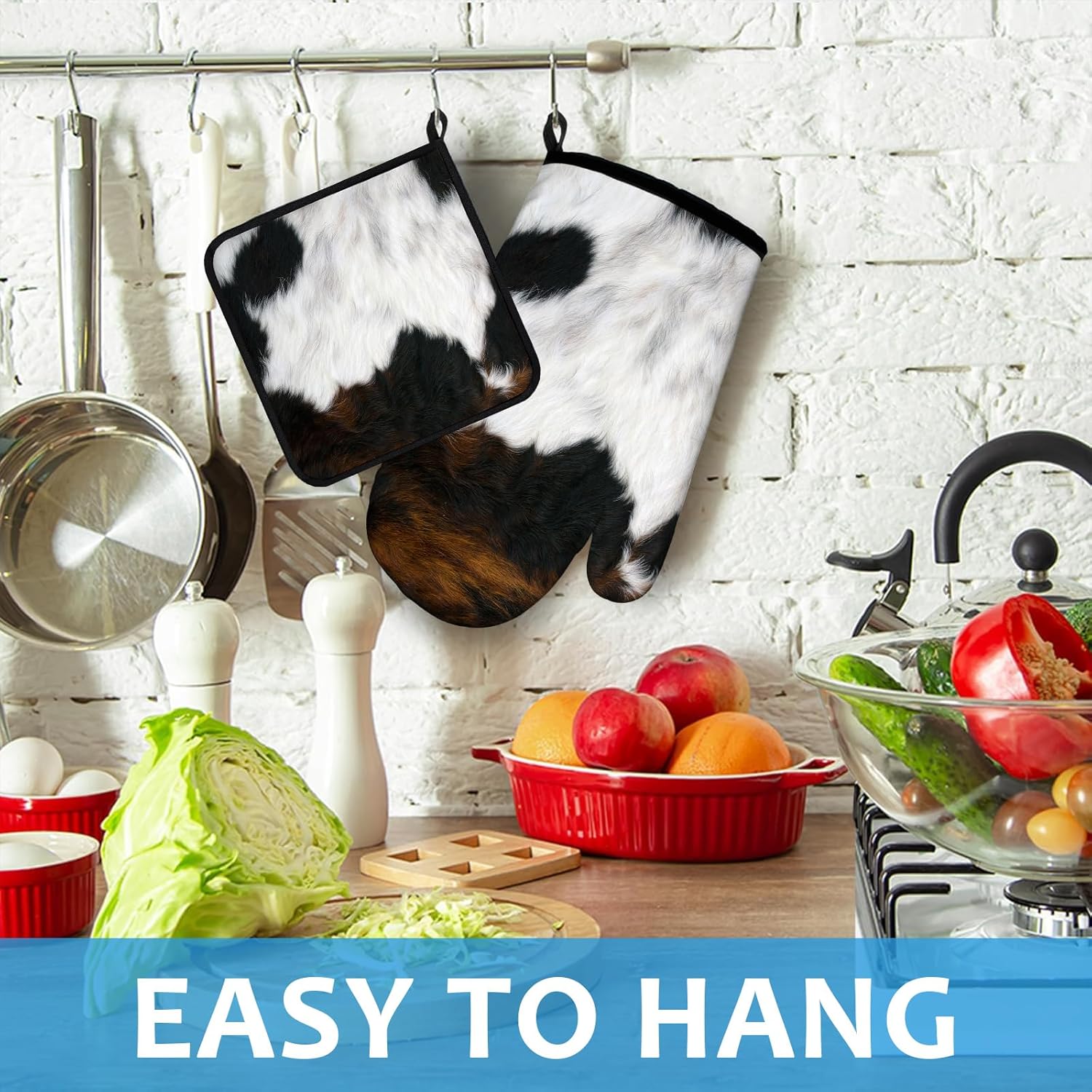 Brown Cowhide Oven Mitts and Pot Holders Sets Heat Resistant 4Pcs Potholders Oven Gloves Hot Pads for Kitchen Baking Cooking Grilling BBQ