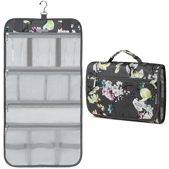 PAVILIA Hanging Toiletry Bag Women Men, Travel Kit Foldable Large Toiletries Organizer, Roll up Cosmetics Makeup Bag Accessories, Waterproof Essentials Jewelry Case (Floral Grey)