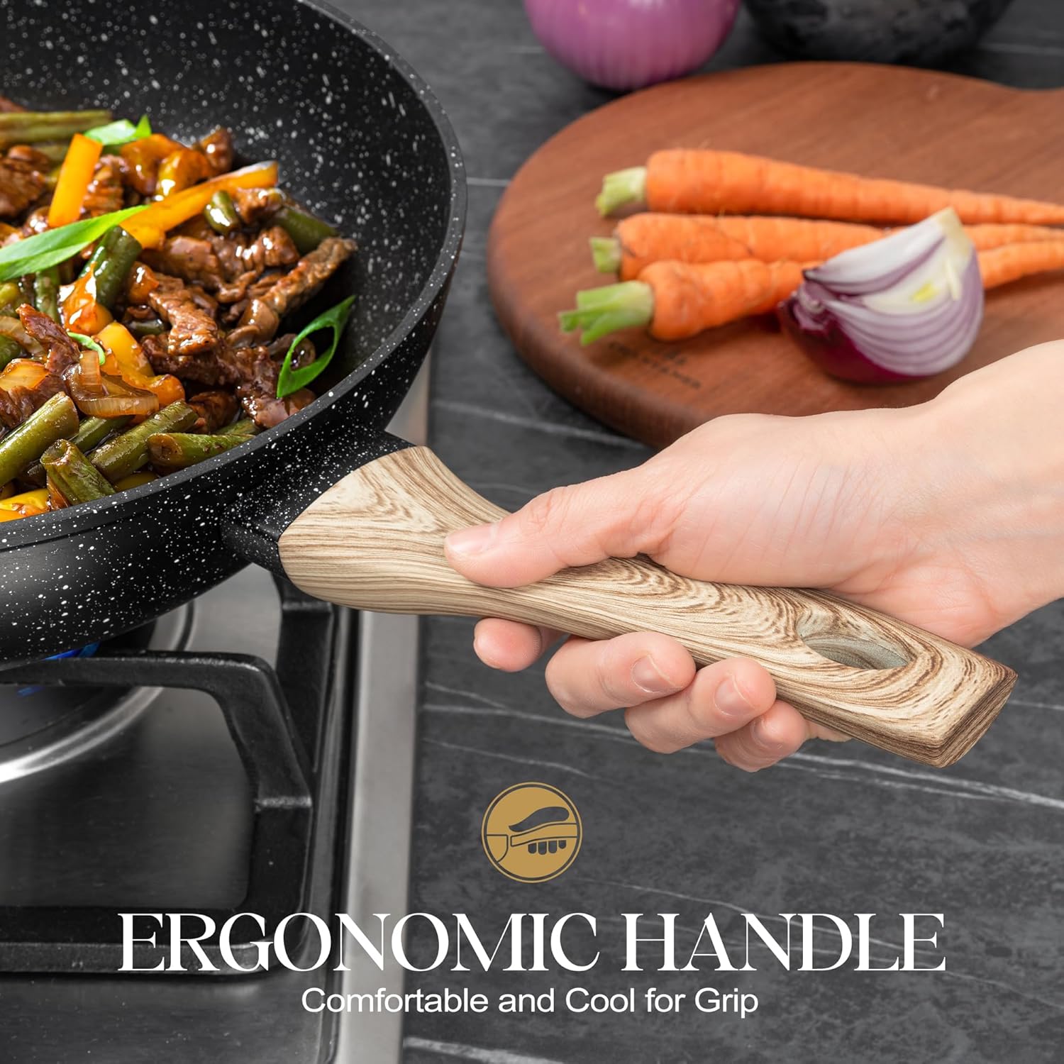 MICHELANGELO 12 Inch Wok Set - Woks & Stir-Fry Pans Nonstick Wok Pan with Lid, Induction Wok with Ergonomic Handle, Stainless Steel Steamer, Fryer Basket, Black