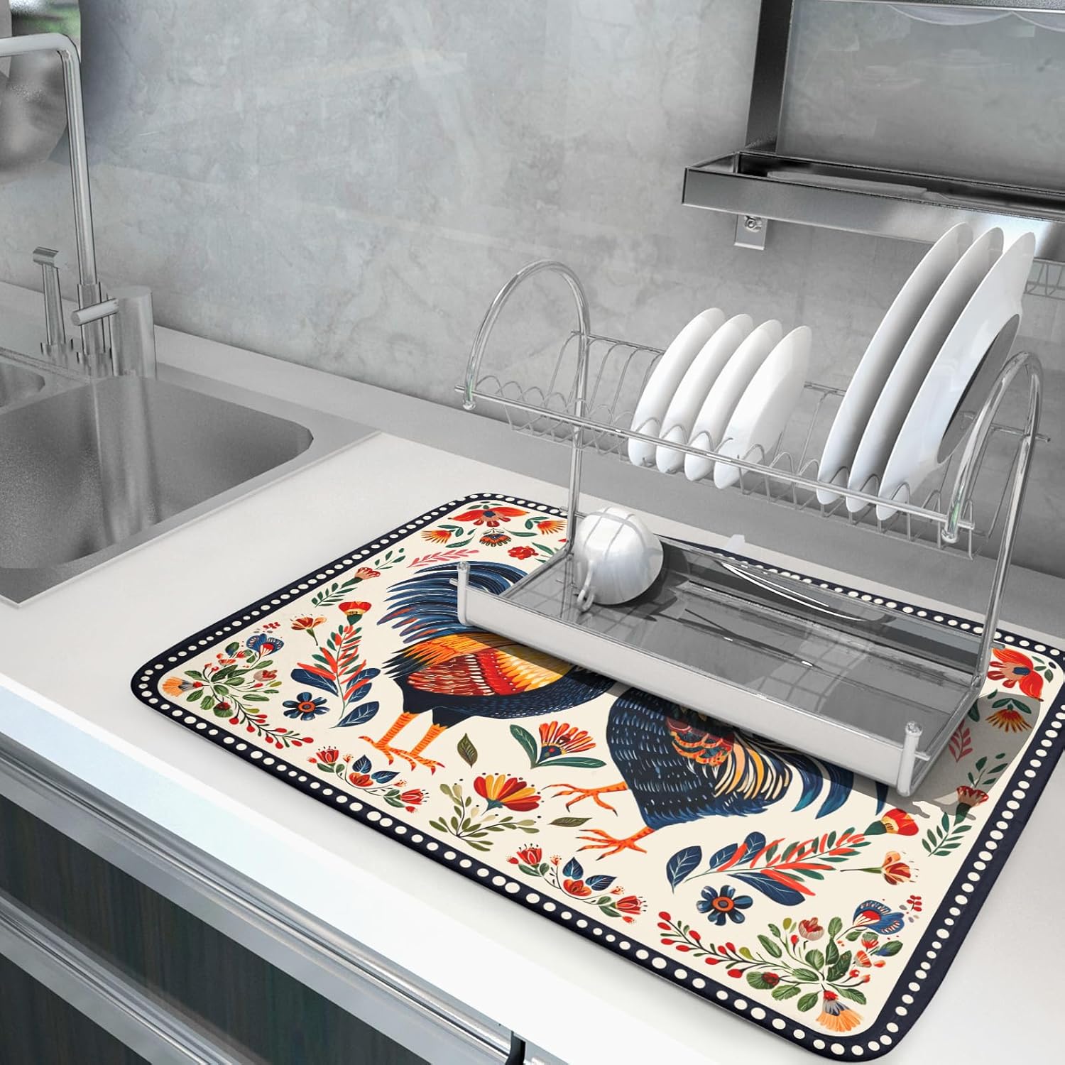 Rooster Poultry Dish Drying Mat for Kitchen Counter 18x24 Inch Microfiber Absorbent Colorful Printing Drying Pad