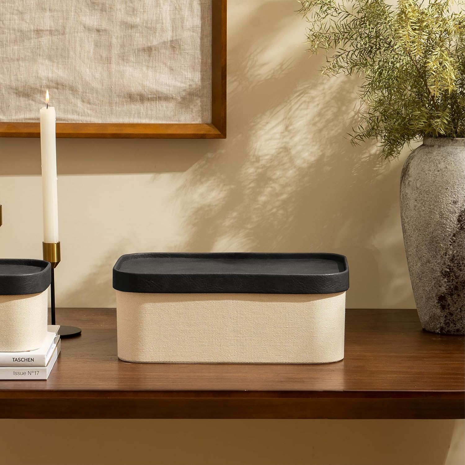 LA JOLIE MUSE Fluted Cardboard Storage Baskets with Leather-Like Lids, Sturdy Stackable Paper Boxes Decorative Tray, Black & Beige, Set of 3