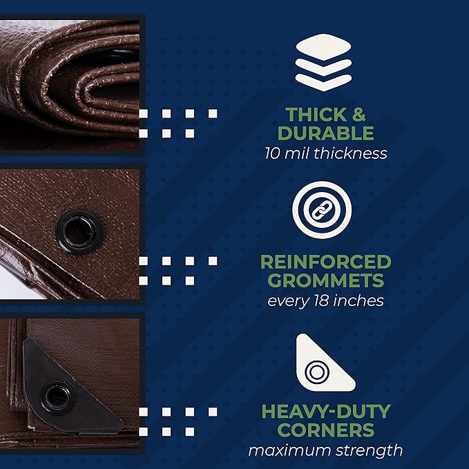 Tent Footprints Tarp Cover Brown/Silver Heavy Duty Thick Material Water Proof Tear Proof UV Resistant Reinforced Edges for Camping Boat Tent RV or Pool Cover Tent Footprints 8X10