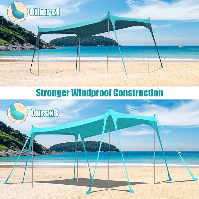 Beach Tent Sun Shelter UPF 50+ Beach Shade Canopy Pop up Tent Portable Cabana Outdoor with Aluminum Poles Sandbags Sand Shovel for Camping Fishing Trip Picnic Party