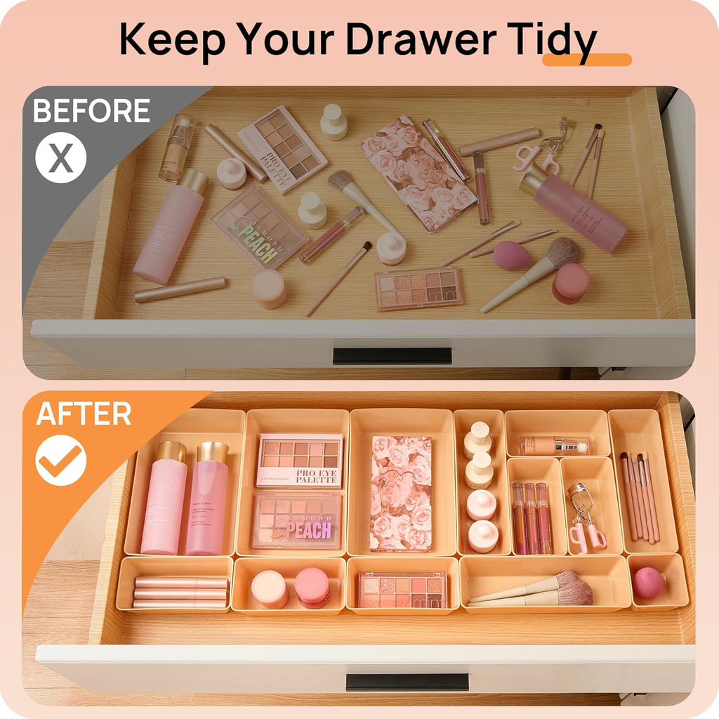 Vtopmart 25 PCS Plastic Drawer Organizers Set, 4-Size Versatile Bathroom and Vanity Drawer Organizer Trays, Storage Bins for Makeup, Bedroom, Kitchen Gadgets Utensils and Office