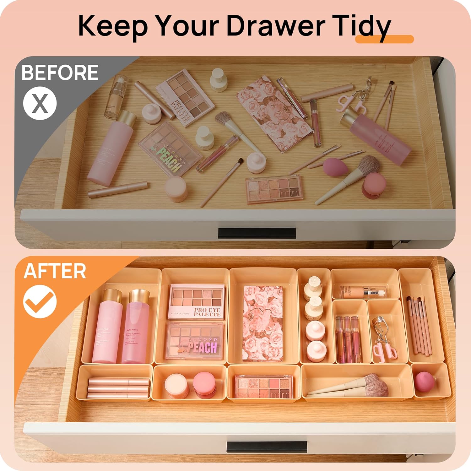 Vtopmart 25 PCS Plastic Drawer Organizers Set, 4-Size Versatile Bathroom and Vanity Drawer Organizer Trays, Storage Bins for Makeup, Bedroom, Kitchen Gadgets Utensils and Office