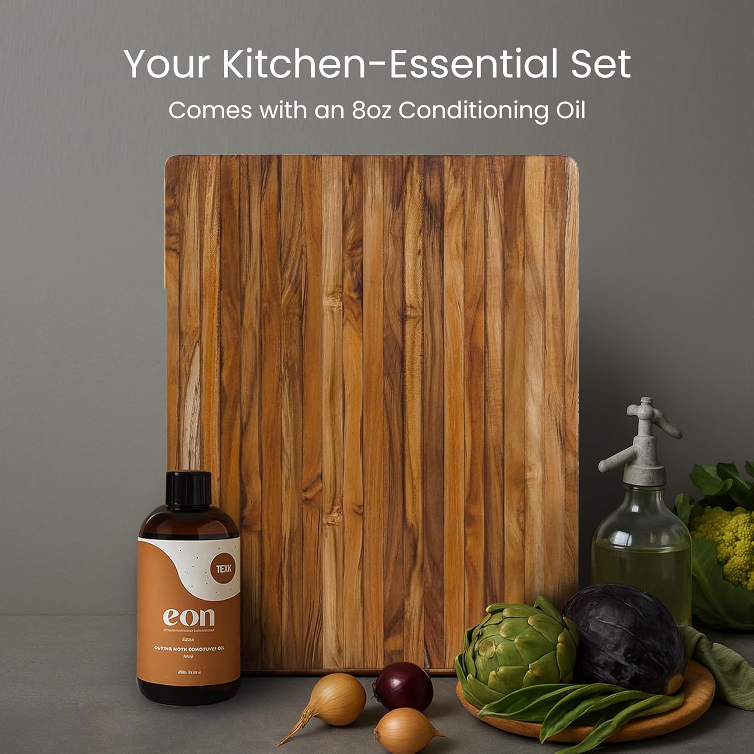 Teakhaus Carving Board and Cutting Board Oil Set - Includes Large (L) Wood Cutting Board with Grip Handles and EON Food Grade Mineral Oil - Knife-Friendly - FSC Certified