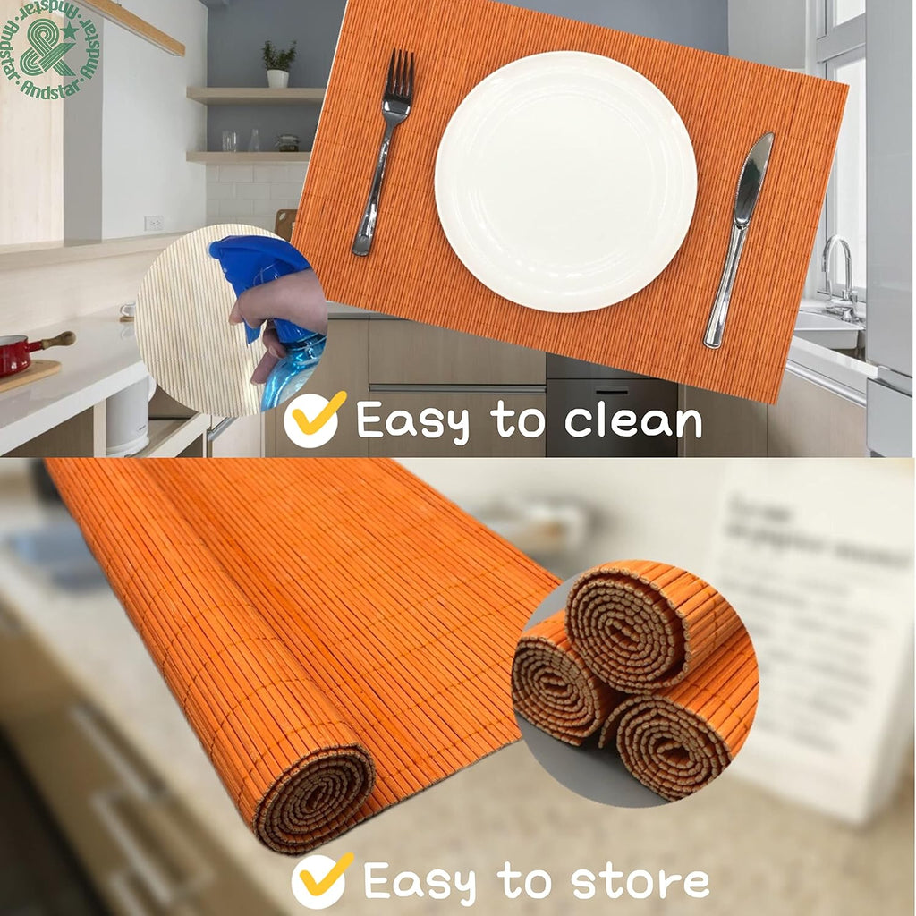 ANDSTAR Non-Slip Waterproof Placemats Set of 6 - Reusable Wipeable Table Mats for Dining Table, Kitchen, Outdoor Picnic, 12x18 Inch PVC Backed Heat Resistant Place Mats Dishwasher Safe（Orange）