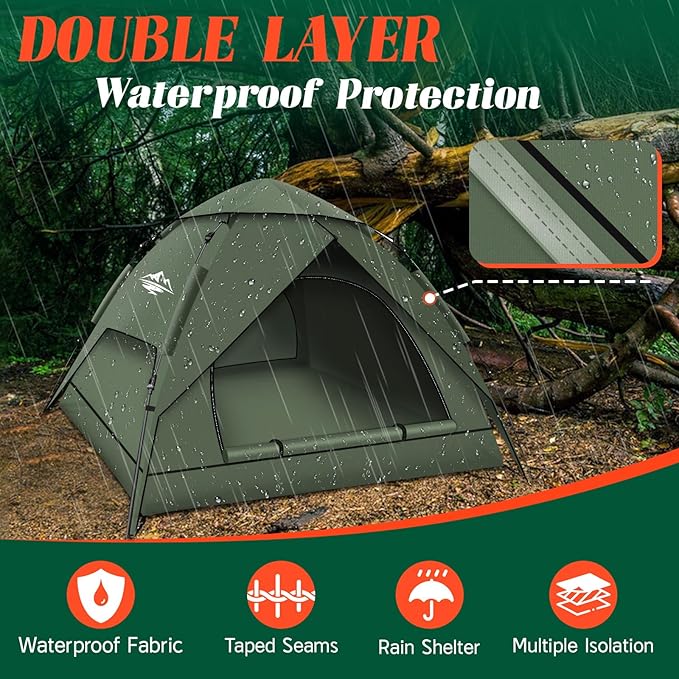 Pop Up Tents for Camping,2-3 Person Tent Easy Setup,Waterproof & Windproof Camping Tents, 60S Instant Double Layer Tent for Trekking, Family, Backpacking