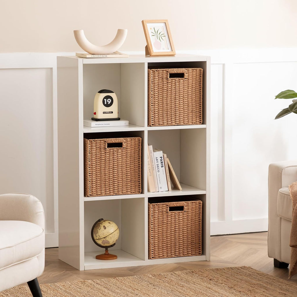 UBBCARE 3 Pack Wicker Basket, 11L×11H×10.5W inch Woven Paper Rope Storage Baskets for shelves, Foldable Cube Storage bin with Handle, Storage Basket for Organizing & Decor,Caramel