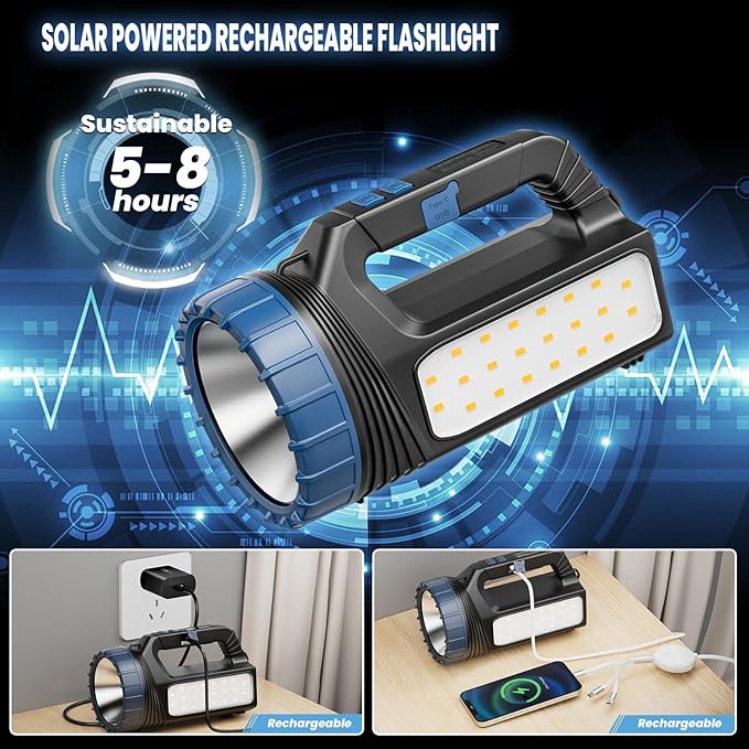 Solar Flashlights, Solar Flashlight for Multi Function 8000 Lumens Led Flashlight with Emergency Strobe Light Emergencies, Led High Lumens, USB C and Large Capacity Battery Fast Charging