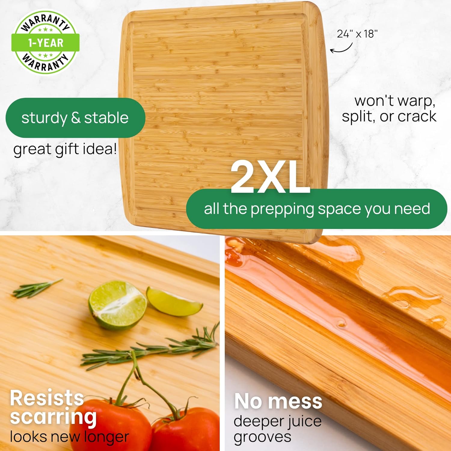 GREENER CHEF 24 Inch 2XL Extra Large Bamboo Cutting Boards for Kitchen, Stove Top Butcher Block, Extra Large Wooden Carving Board for Meat, Veggies, Charcuterie Board with Deep Juice Grooves