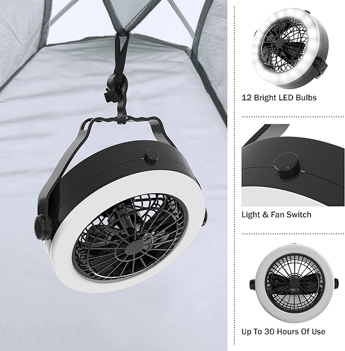 2-in-1 Camping Lantern with Fan Set - Set of 2 Portable Camping Lights with 12 Bright LED Bulbs, USB, and Rechargeable Battery by Wakeman