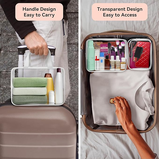 TISRATOK 10 PCS Clear Travel Makeup Toiletry Bag, Plastic PVC Cosmetic TSA Approved Organizer Kit with Zipper Handbag（White）