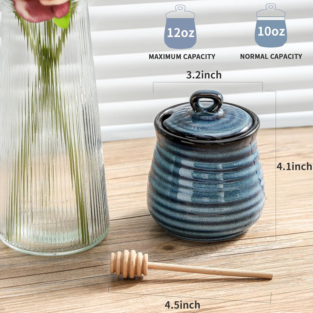 Ceramic 12 Ounce Honey Jar and Dipper Set,Porcelain Honey Pot with Lid and Wooden Dipper,Cute Honey Containers for Party,Holiday,Halloween Favors,Farmhouse Kitchen Decor,Dishwasher Safe,Blue