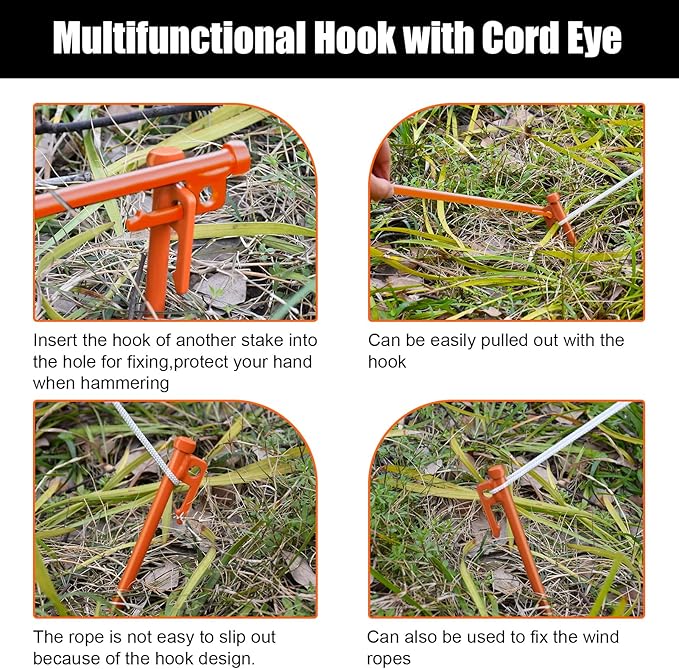 Eurmax USA 10 inch Multiuse Heavy Duty Steel Tent Stakes Tarp Pegs Camping Stakes for Outdoor Camping Canopy and tarp with 4 Ropes 10FT Length