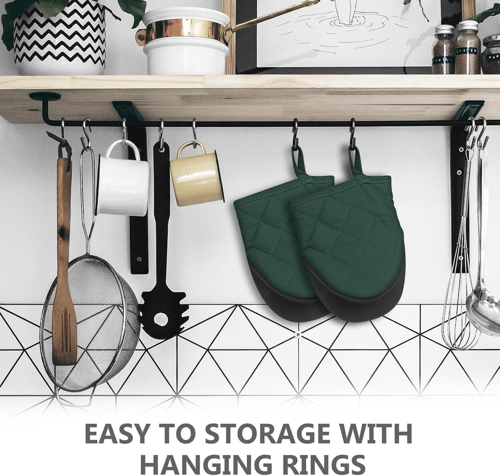 1 Pair Short Oven Mitts - Silicone Kitchen Oven Gloves High Heat Resistant 500℉, Mini Oven Mits with Non-Slip Grip Surfaces and Hanging Loop for BBQ, Baking, Cooking and Grilling (ArmyGreen)