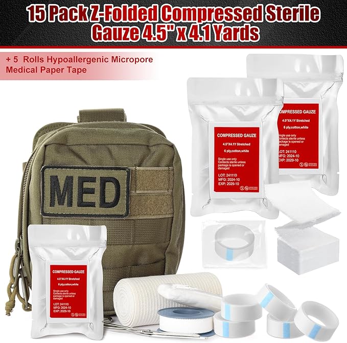 15 Pcs Z-Folded Compressed Sterile Gauze 4.5" x 4.1 Yards Combat Gauze Trauma Pad 6-ply 100% Cotton for Emergency Wound Dressing, First Aid Ifak Supplies Trauma Kit