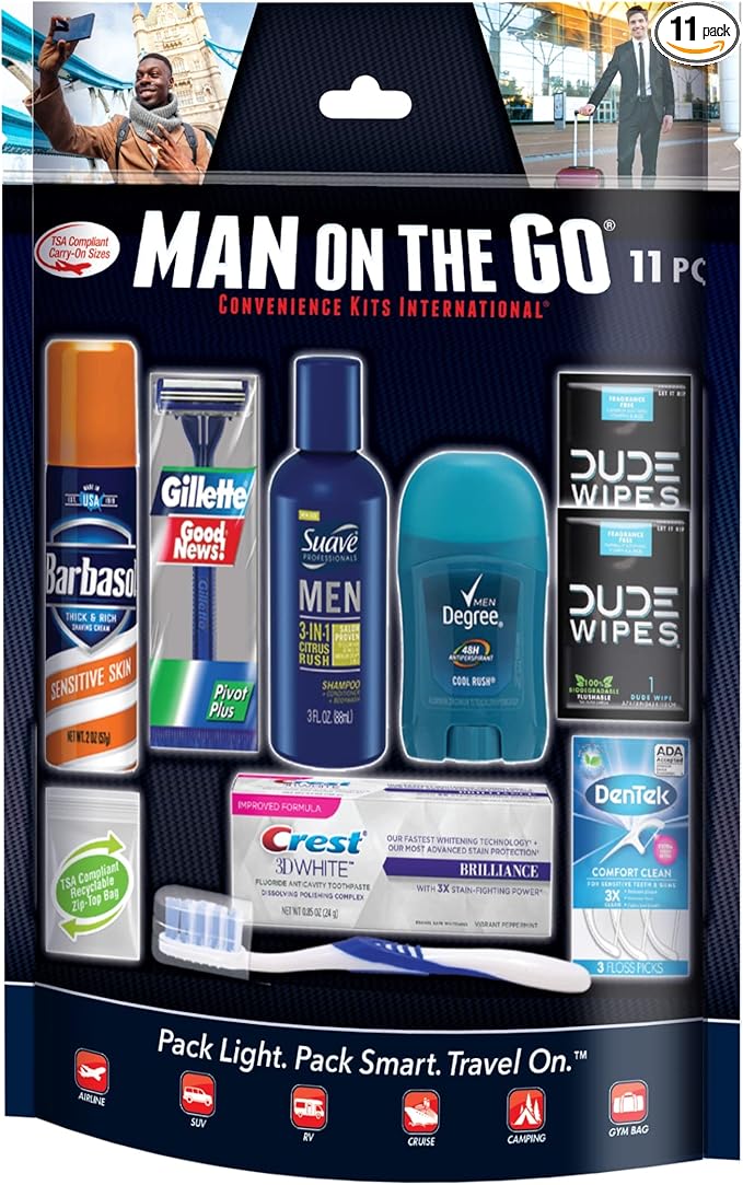 Convenience Kits International Men’s 11 Piece Kit with Oral Care and Grooming Essentials, Featuring: Travel Size Products, Blue