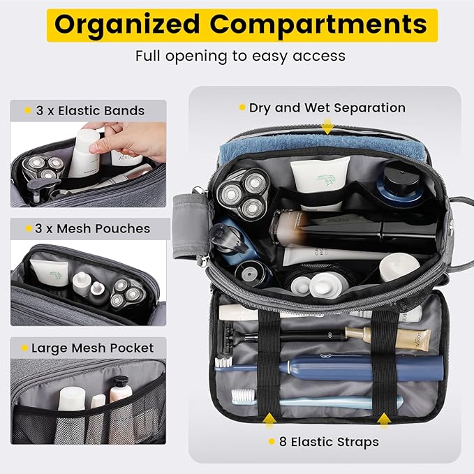 Vorspack Travel Toiletry Bag for Men - Water Resistant Mens Toiletry Travel Bag Dopp Kit Shaving Bag for Bathroom Toiletries Gifts - Grey