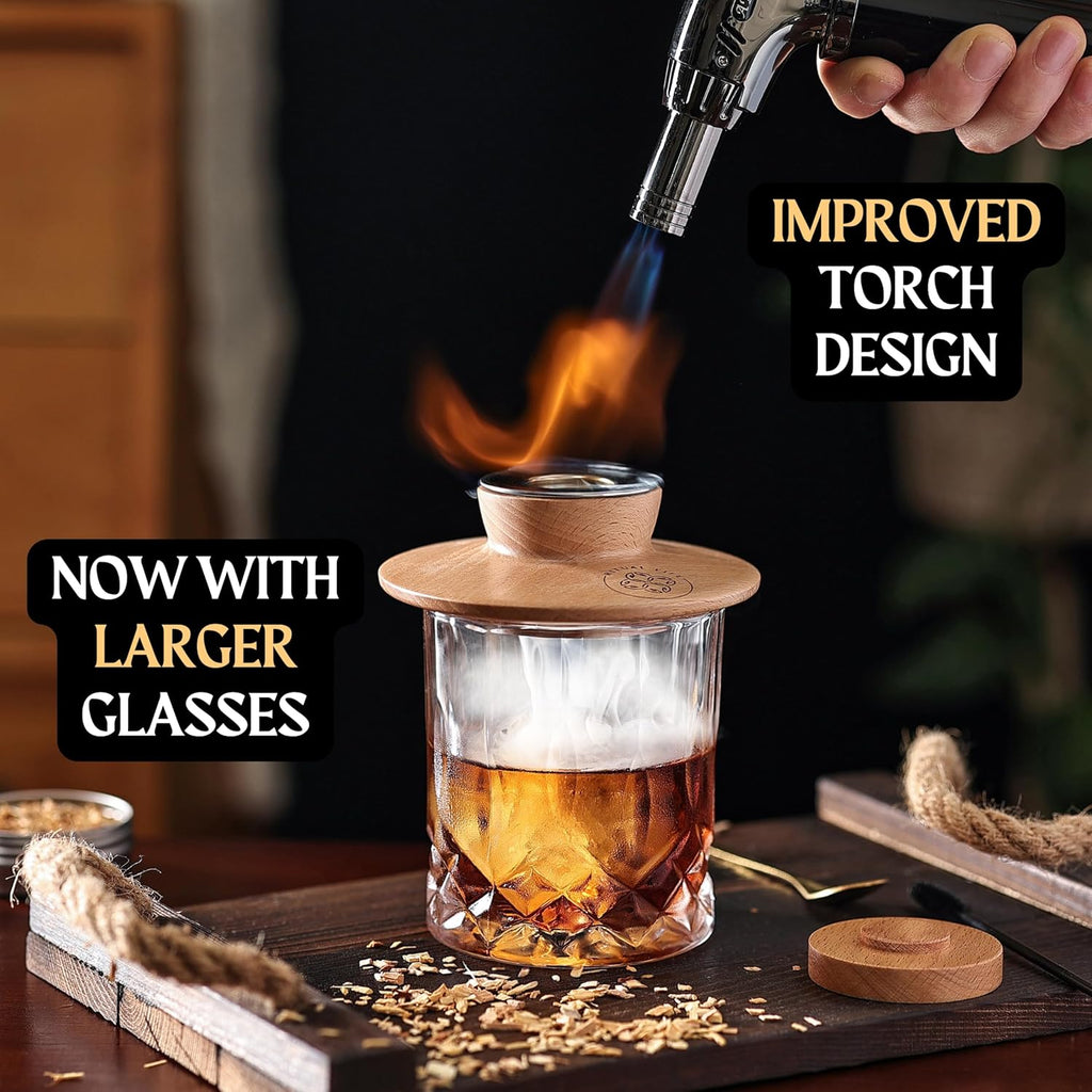 Whiskey Smoker Kit - Cocktail Smoker Kit with Torch, 2 Whiskey Glasses, 2 Ice Ball Makers, 6 Flavors Wood Chips - Old Fashioned Smokers - Bourbon Drink Smoking Set - Whiskey Accessories Gifts for Men