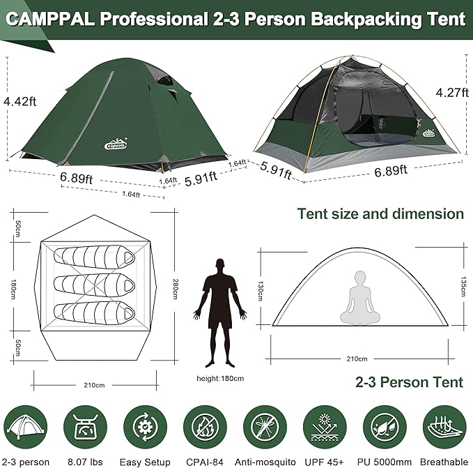 2-3 Person Tent - Waterproof Windproof 4 Season Tent for Backpacking, Hiking, Hunting, Motorcycling & Biking