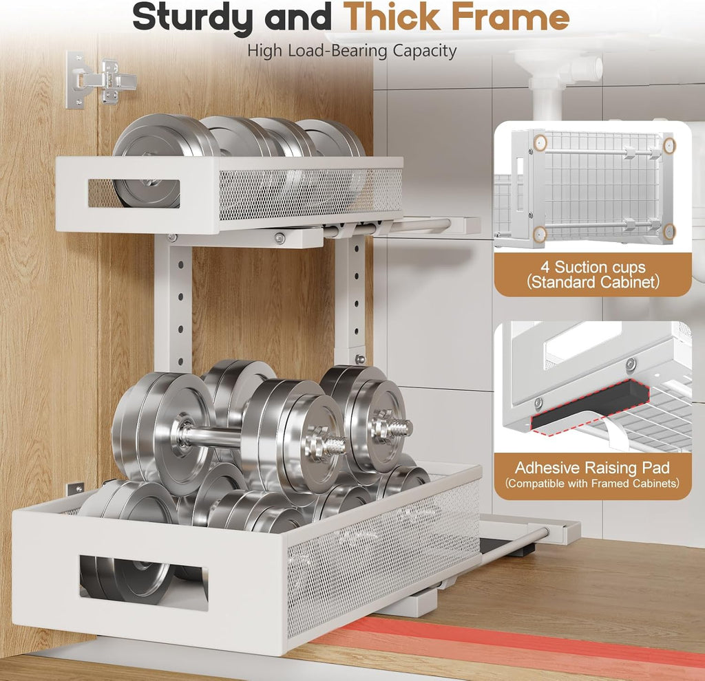 1 Pack-11.4"-16.14"H Under Sink Storage Organizer, Large 2-Tier Elegant Mesh Pull Out Shelf for Kitchen and Bathroom Cabinet Organization, L-Shaped and Adjustable Height Design for Maximum Space-White