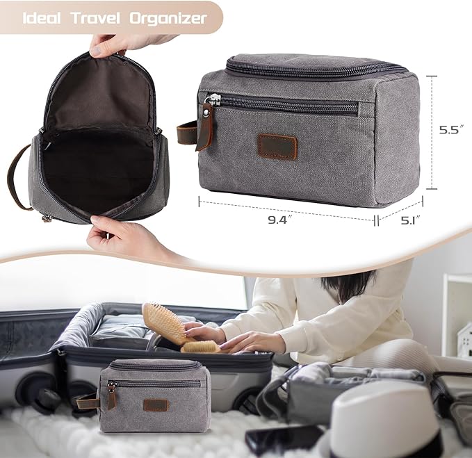Men's Canvas Toiletry Bag, Large Capacity Men's Travel Portable Toiletry Bag, Organizer Dopp Kit Leather Accessory, Water-resistant Shaving Pouch, Birthday/Anniversary/Groomsmen Gifts for Him- Grey