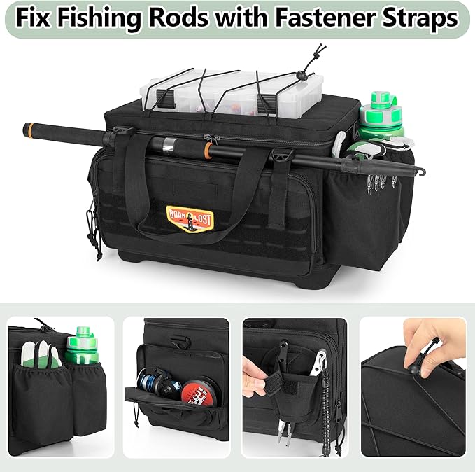 Waterproof Fishing Tackle Bag with Waterproof EVA Bottom (No Tackle Boxes in Package), Soft Tackle Box Storage Bag with Rod Holder, Pliers Storage for Fishing