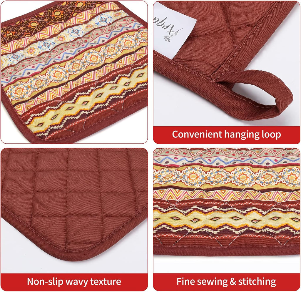 Boho Floral Oven Mitts and Pot Holders Sets 2Pcs, 100% Cotton Heat Resistant, Extra Long Oven Gloves Potholder for Kitchen Cooking Baking Decoration