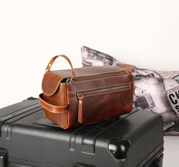 KomalC Premium Buffalo Leather Unisex Toiletry Bag Travel Dopp Kit