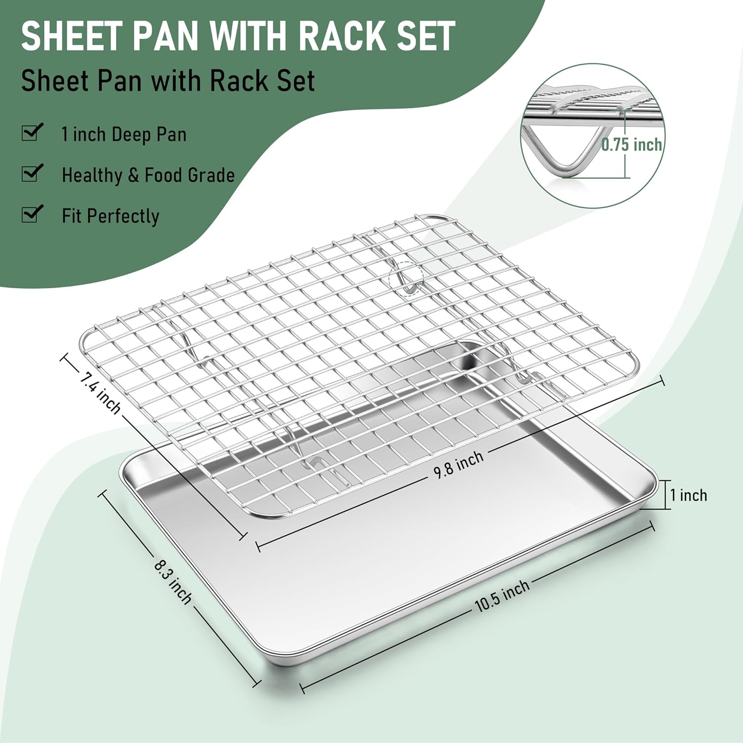 Homikit Cookie Sheet with Rack, 10 x 8 Inch Stainless Steel Small Baking Sheet with Wire Rack Set for Baking Roasting Cooling, Small Toaster Oven Pan Bacon Tray, Non-Toxic & Dishwasher Safe