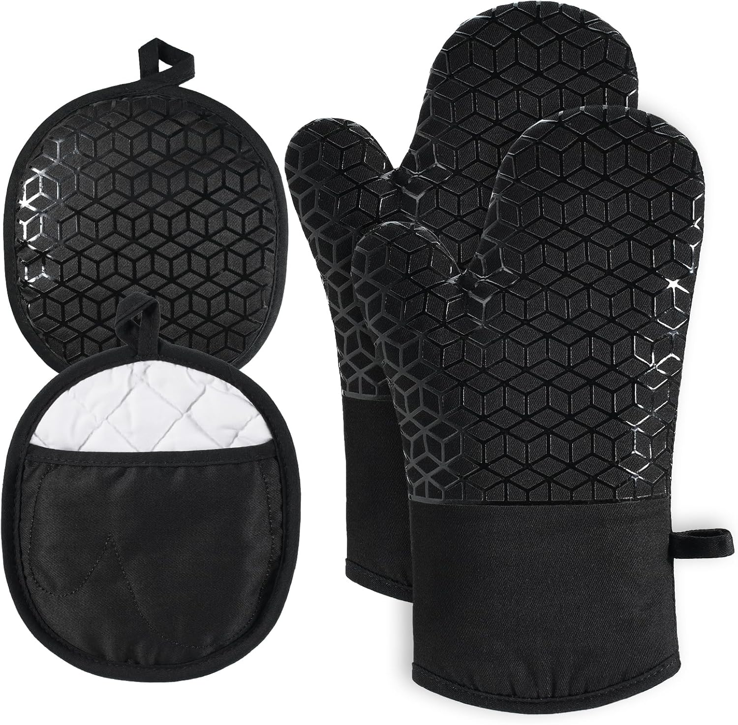 Oven Mitts and Pot Holders,500 ℉ Heat Resistant Oven Mitts Sets,Silicone Oven Gloves, Non-Slip Silicone Textured Grip,Black