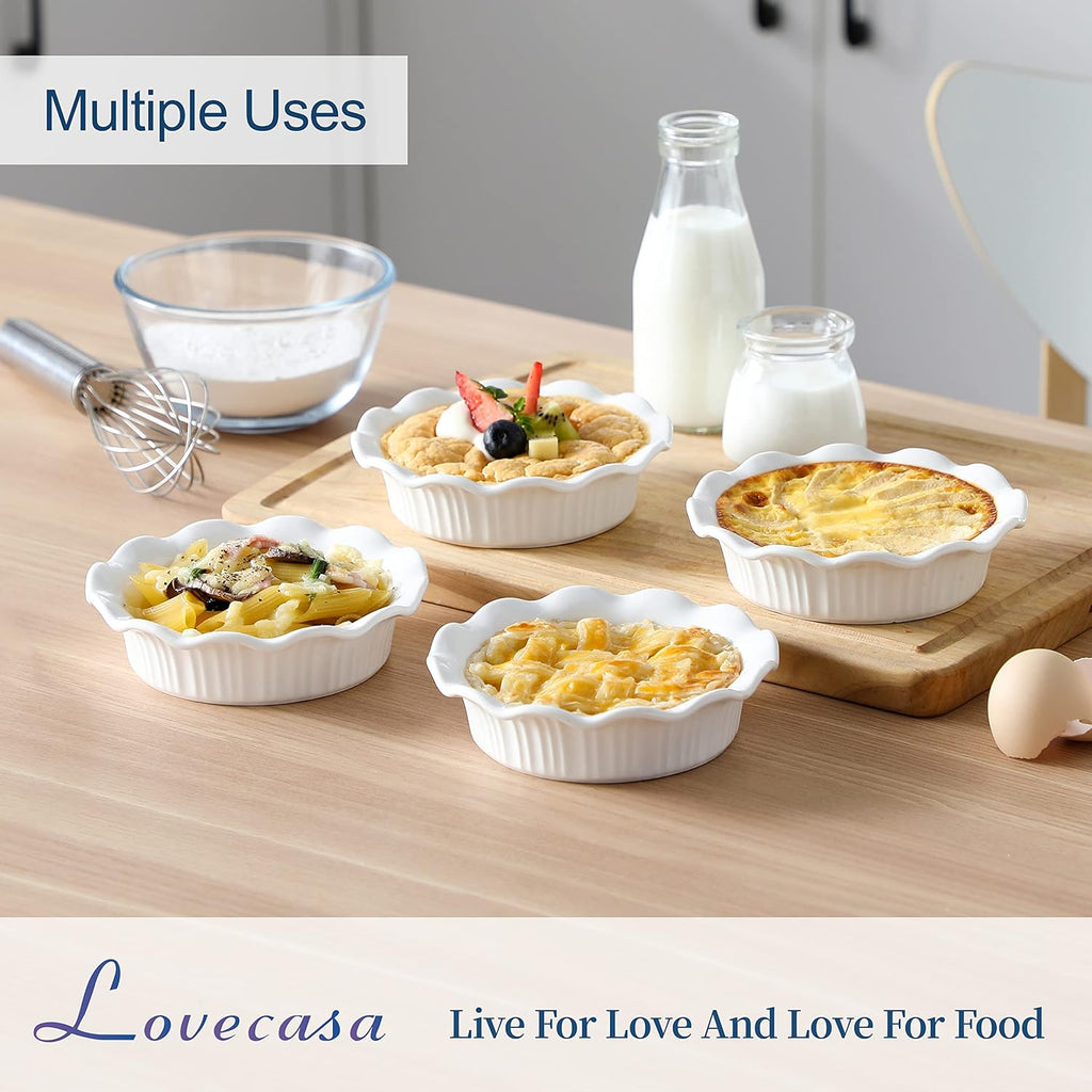 LOVECASA Ceramic Mini Pie Pans Set of 6-5.5 Inch Oven Safe Small Pie Dishes, Nonstick Mini Pot Pie Baking Tins for Chicken Pot Pie, Tarts, Quiches & Desserts, Stackable Ruffled Rims, White