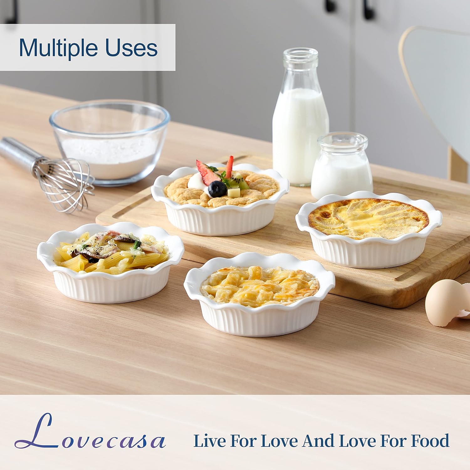 LOVECASA Ceramic Mini Pie Pans Set of 6-5.5 Inch Oven Safe Small Pie Dishes, Nonstick Mini Pot Pie Baking Tins for Chicken Pot Pie, Tarts, Quiches & Desserts, Stackable Ruffled Rims, White