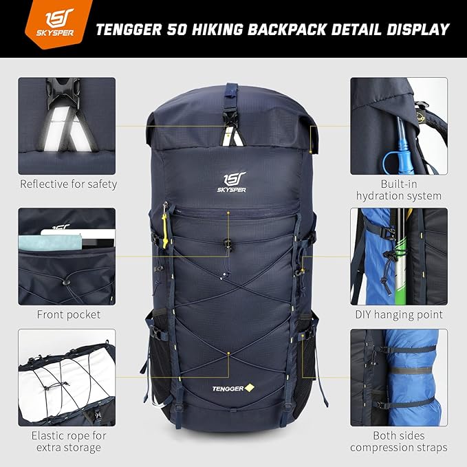 SKYSPER Hiking Backpack, 50L/60L Backpacking Backpack for Camping Travel, Lightweight Waterproof Outdoor Pack for Men Women